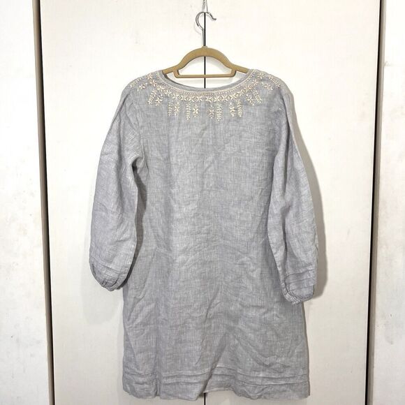 Roller Rabbit Dress Women XS Linen Gray Embroidered Floral Tassels Long Sleeve - Picture 2 of 7